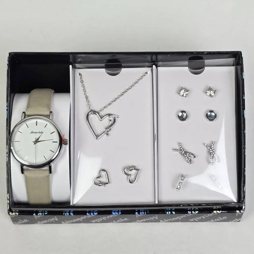 Aeropostale Watch Jewelry Set Necklace Earrings Silver Tone Heart